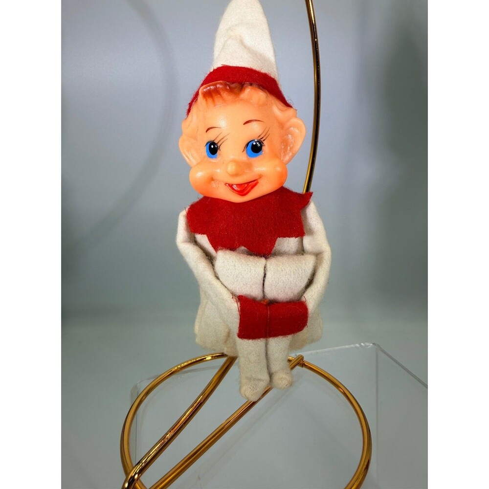 Vintage Japan Elf Knee Hugger Christmas Ornament Red White Felt Plastic Pixie
